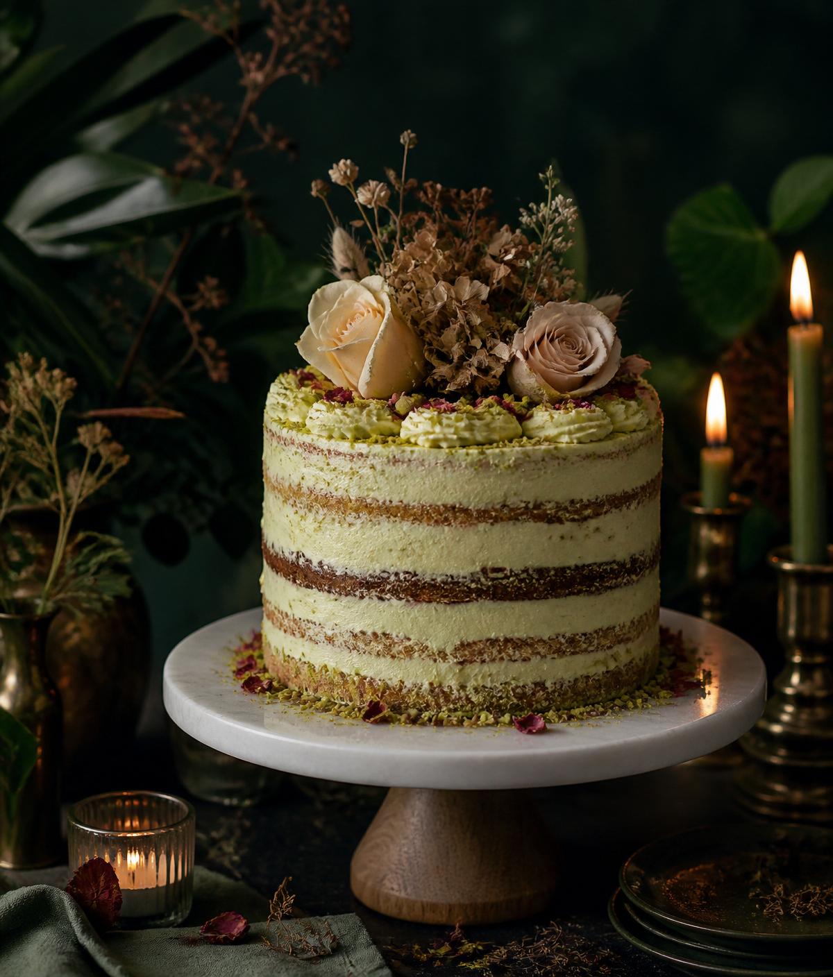 Pistachio rose celebration cake by Noble Brew