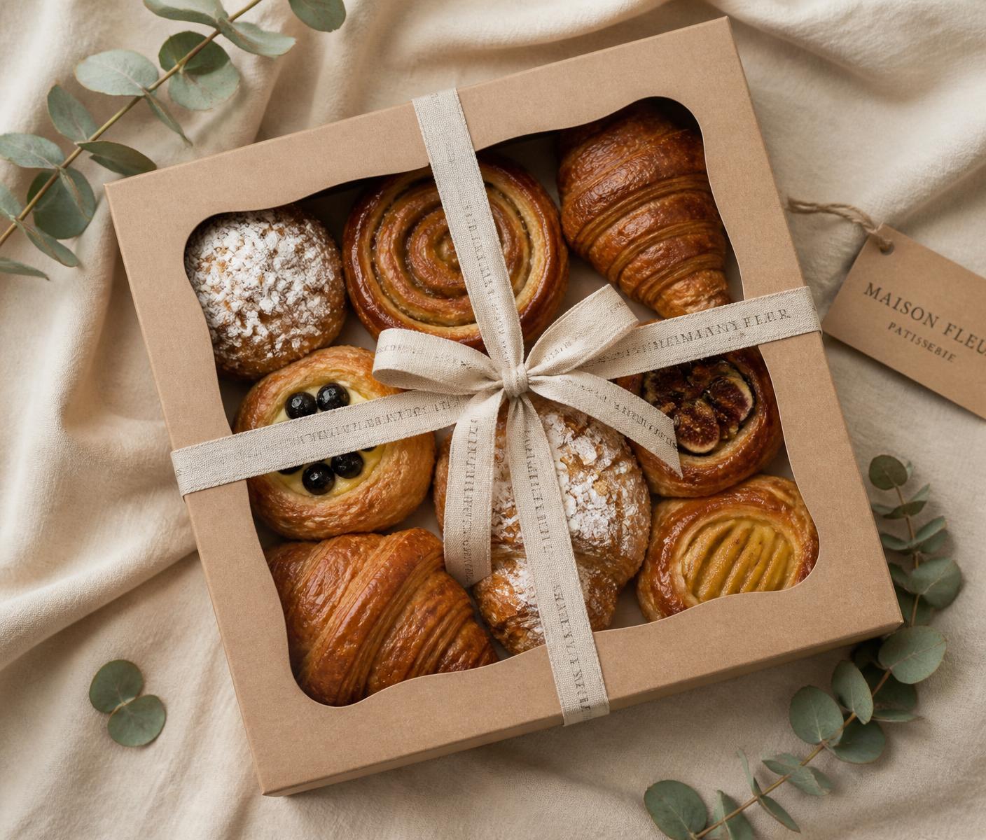 Ribbon-tied kraft pastry gift box
